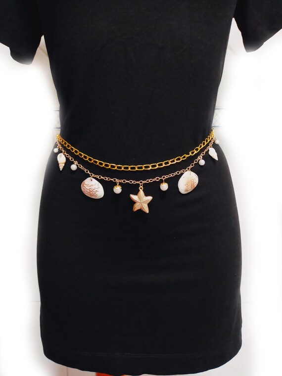 Gold Layered Seashell Starfish Chain Belt, Coastal Summer  display picture 3
