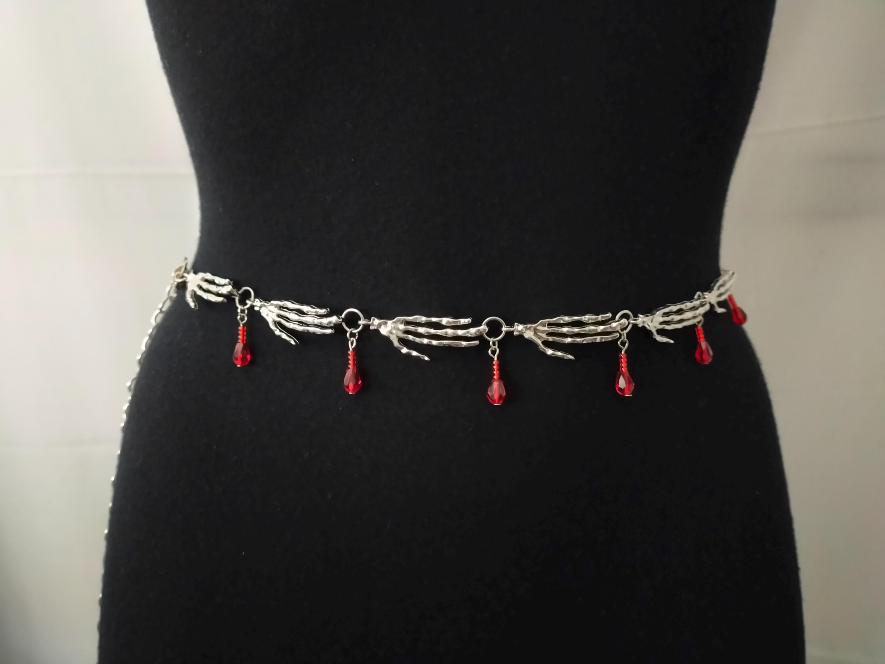Silver Skeleton Hand Chain Belt: Red Crystal Drip 
