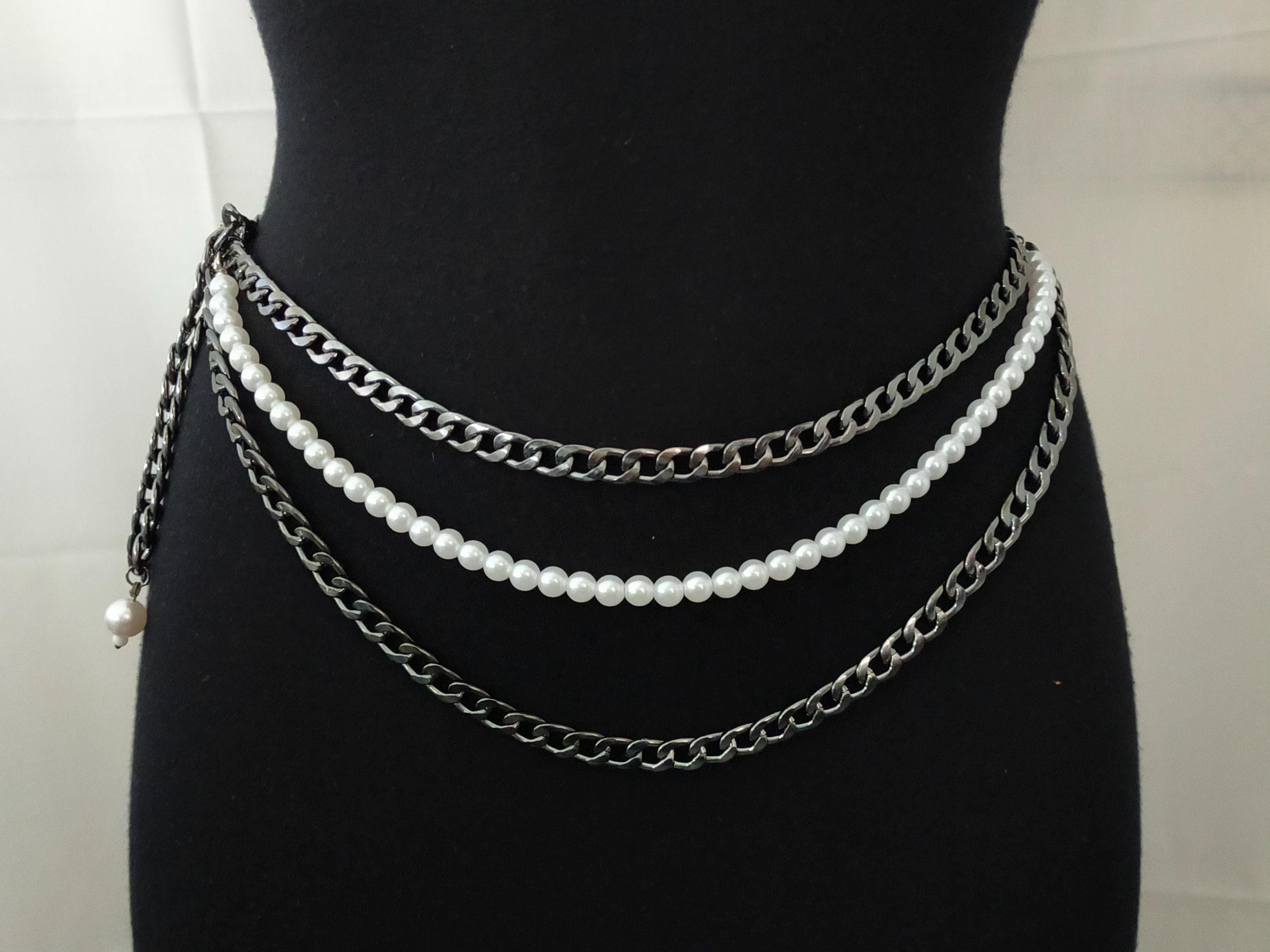Pearl Chain Waist Belt: Adjustable Black Body Chain - Etsy display picture 2