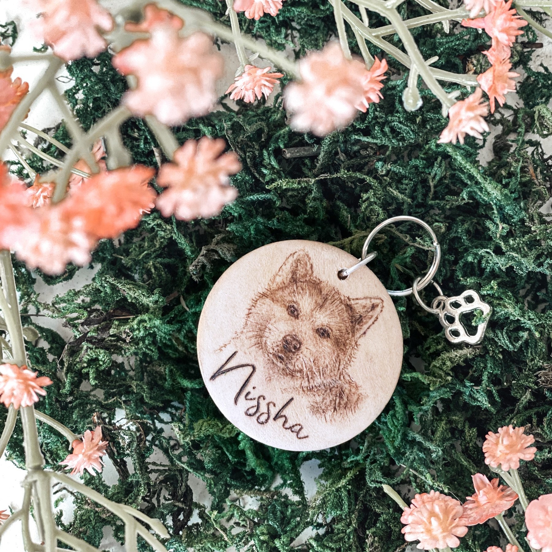 Médaille d'identification Portrait Personnalisé en Bois Argent Pour Collier Chien Chat - Gravure Rec