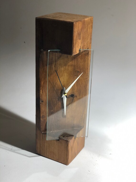 Vertical wooden table clock wood and glass handmade wooden Etsy