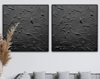 Two piece wall art, Black abstract art, Plaster wall art, 3d artwork, Texture wall art, Black wall art, Dimensional wall art