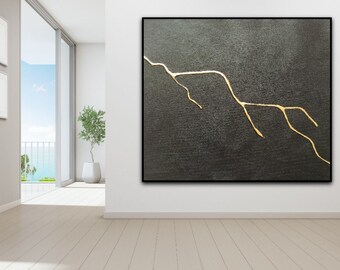 Black and Gold Kintsugi Painting: Extra Large Abstract Wall Art.