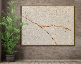 Handmade Japandi Kintsugi Wall Art: White Plaster & Gold