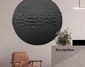 Black Textured Plaster Wall Art: Round Geometric Sculpture