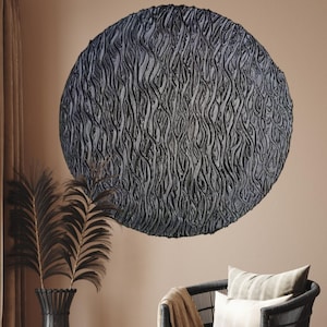 Black 3D Round Wall Art: Textured Plaster Clay Painting