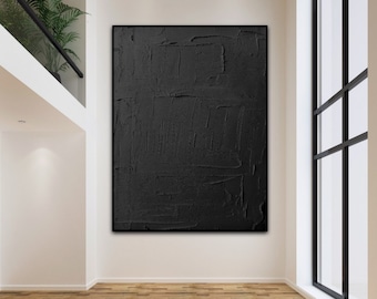 Handmade Black Textured Plaster Art: Minimalist Sculptured Wall Decor