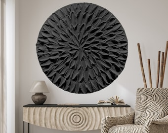 Textured Black Flower Painting: Round Wabi Sabi 3D Wall Art.