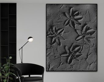 3d textured art, Flower painting, Clay wall art, Black wall art, Black plaster art, Plaster wall art, Minimal artwork, Minimalist wall art