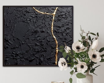 Arte mural Kintsugi en negro y dorado: Decoración Japandi