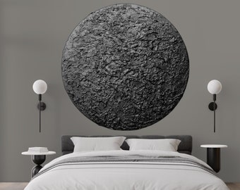 Black Textured Round Wall Art: Handmade Plaster Painting