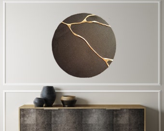 Petit tableau, art Japandi, art mural rond, art mural or, Kintsugi, peinture or, art mural asiatique, art mural noir, petit art abstrait,