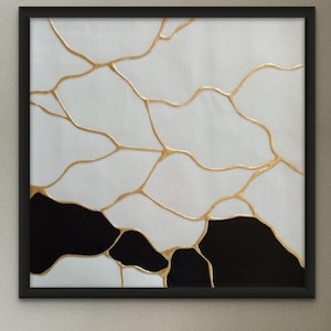 Gold Leaf Kintsugi Wall Art: Black & White Painting