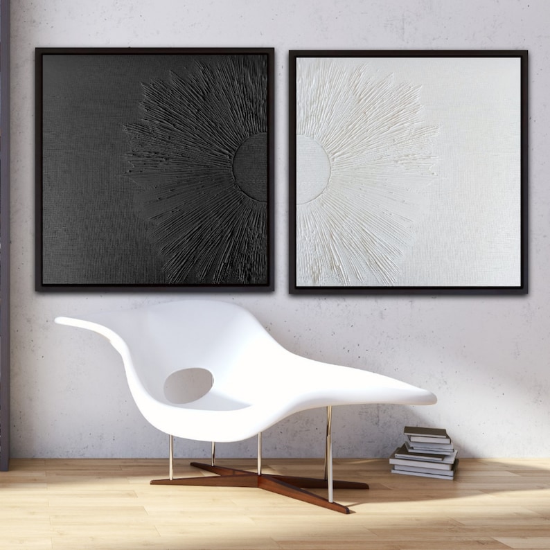 Set of two wall art, Extra large black and white painting, Two piece abstract art, Monochrome painting, Minimalist wall art, Wall decore image 4