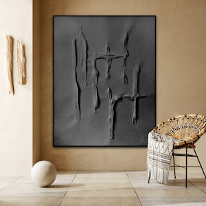 Plaster art, Black plaster wall art, Minimalist wall art, Monochrome painting, Black sculptured painting, Giant wall art, Wall decore image 1