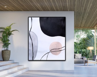 Large black and white wall art, Neutral wall art, Beige abstract painting, Black white gray painting canvas, Grey abstract painting