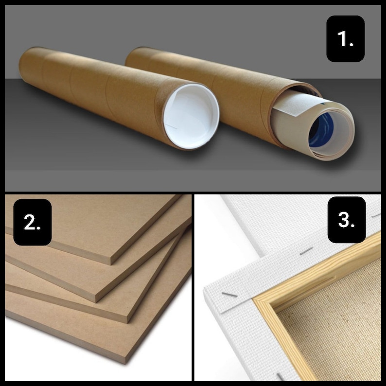Peut inclure: Trois &eacute;tapes pour cr&eacute;er une impression sur toile&nbsp;: 1. Une impression sur toile enroul&eacute;e dans un tube en carton brun. 2. Une pile de quatre feuilles de carton brun. 3. Un gros plan d&rsquo;une toile tendue sur un cadre en bois.