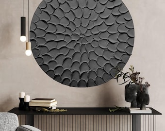 Round wall art, Black painting, Texture wall art, Black textured art, Large painting, Circle, Circular