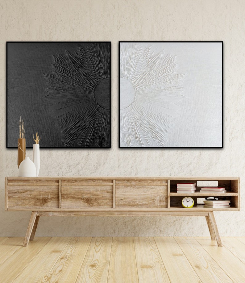 Set of two wall art, Extra large black and white painting, Two piece abstract art, Monochrome painting, Minimalist wall art, Wall decore image 3