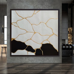 Gold Leaf Kintsugi Wall Art: Black & White Japandi Mosaic