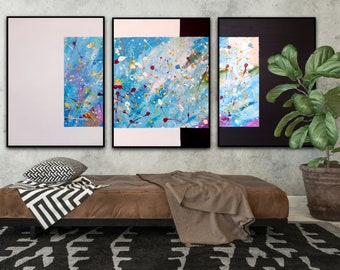 Three piece wall art, 3 piece wall art, Action painting, Jackson pollock inspired art, Colorful canvas art,Set of 3 wall art, Splash art