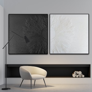 Set of two wall art, Extra large black and white painting, Two piece abstract art, Monochrome painting, Minimalist wall art, Wall decore image 1