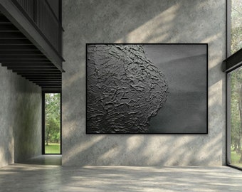 Black Wabisabi Plaster Wall Art, Textured Palette Knife Painting