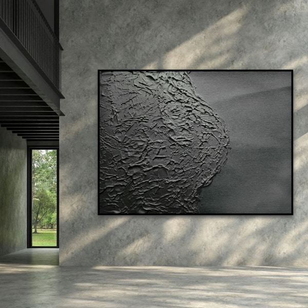 Tableau 3D, Tableau Noir, Art Minimaliste, Bas Relief, Decoration Murale, Peinture Texture, Tableau Peinture, Tableau Abstrait