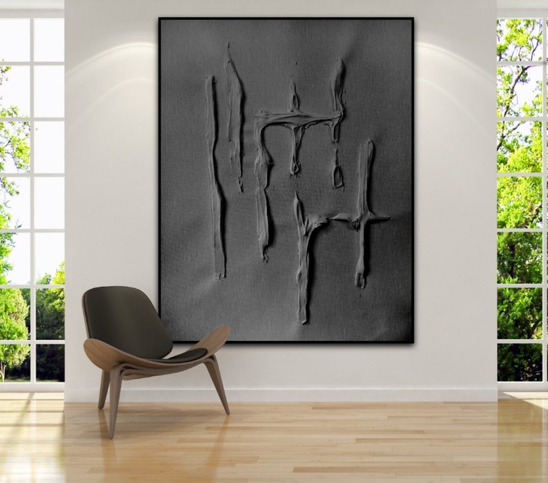 Plaster art, Black plaster wall art, Minimalist wall art, Monochrome painting, Black sculptured painting, Giant wall art, Wall decore image 3