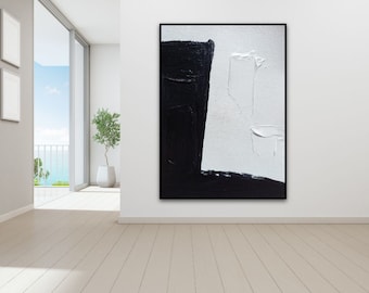Dipinto astratto in bianco e nero strutturato: arte murale minimalista in gesso