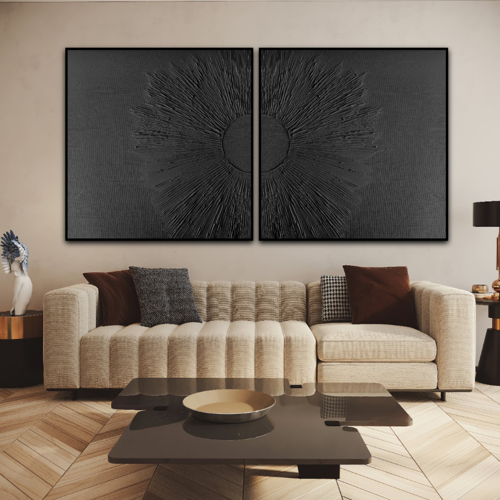 Black Plaster Wall Art, Set of Two Wall Art, 3d Relief, Wabi Sabi Wall