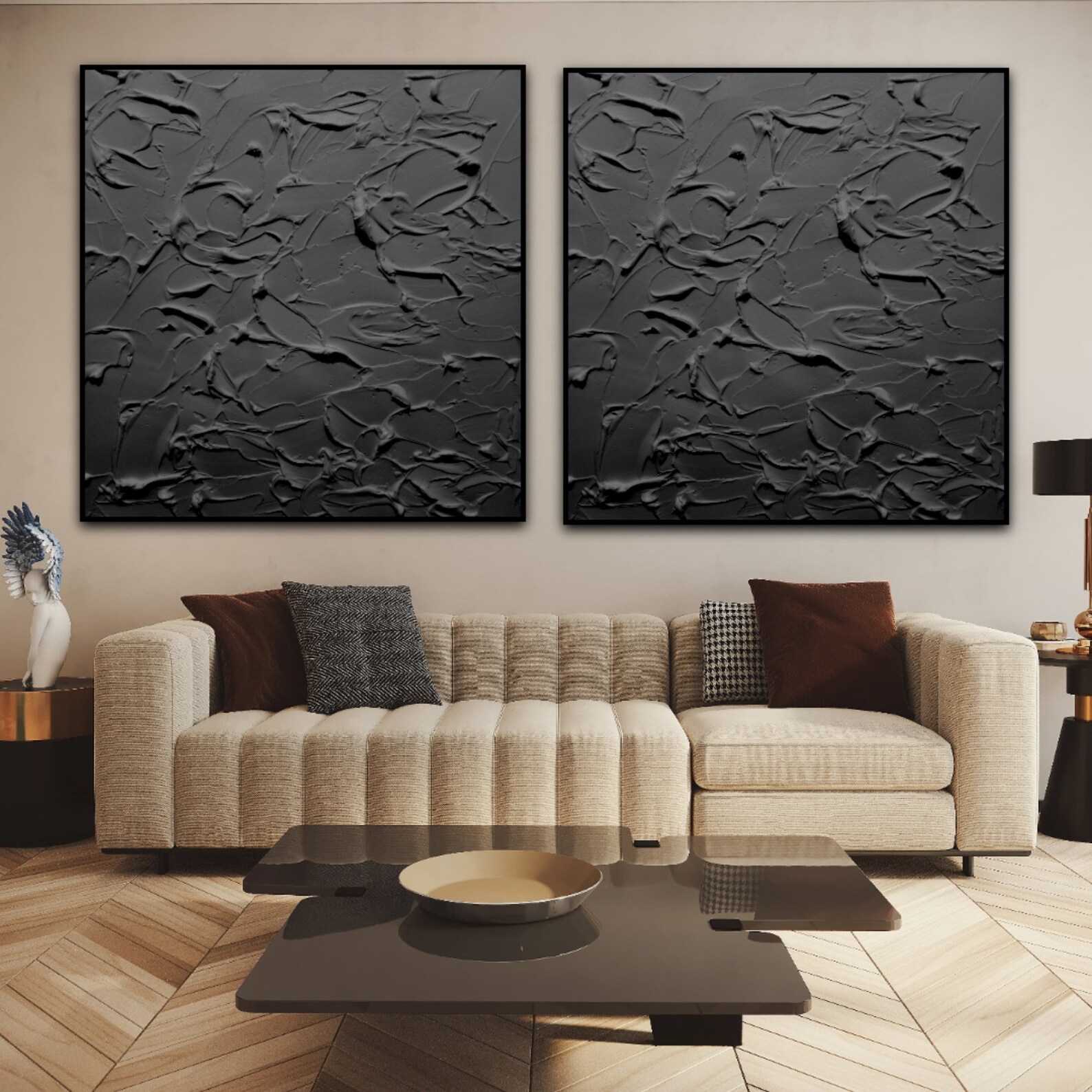 Two Piece Wall Art Black Abstract Art Plaster Wall Art 3d Etsy