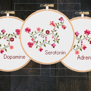 May include: Three embroidery hoops with white fabric and floral designs representing the chemical structures of dopamine, serotonin, and adrenaline. The words "Dopamine", "Serotonin", and "Adrenaline" are embroidered below each design.