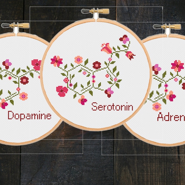 Set of 3 three Hormone floral cross stitch patterns modern molecule molecular serotonin dopamine adrenaline flower atomic -instant zipp file