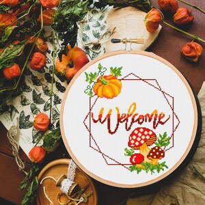 Welcome cross stitch pattern Modern Pumpkin Mushroom Embroidery Xtitch -instant pdf download