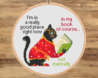 Funny Bookish Cat Cross Stitch Pattern: Sarcastic Reading Design (PDF Download)