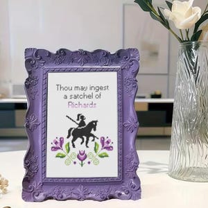 May include: A framed cross-stitch art piece with a purple ornate frame. The cross-stitch features a black silhouette of a person on a horse, with the text "Thou may ingest a satchel of Richards". Decorative floral elements are at the bottom.