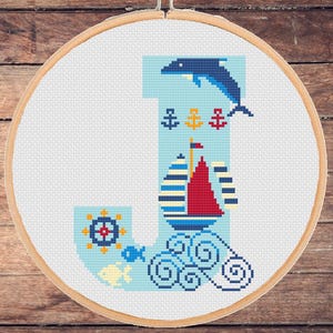 Monograma Letra J Ponto Cruz Padrão moderno, Personalize nome ponto cruz, Marinheiro Náutico Mar, Bebê, Berçário, Alfabeto - PDF instantâneo