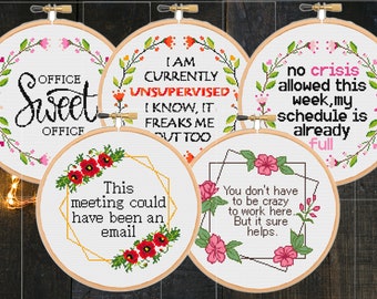 Set Bundle of 5 five funny office cross stitch patterns Coworker Manager Teacher Secretary Assistant Snarky -Instant Zipp file Download