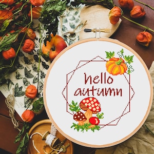 Hello Autumn Cross Stitch Pattern Mushroom Pumpkin Modern Fall Wreath ...