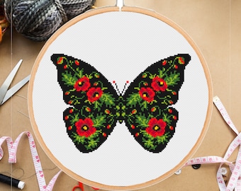 Poppy flower butterfly cross stitch pattern Floral Design gift Botanical Nature Insect -instant pdf download