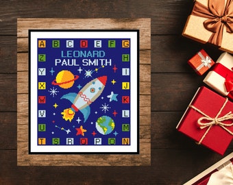 Baby birth announcement modern cross stitch pattern, boy nursery space rocket , customizable, #95# alphabet, baby shower DIY, digital PDF