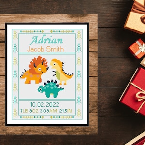 Birth announcement modern cross stitch pattern, baby, personalized, Dino Dinosaur ,boy girl nursery T-Rex , gift DIY, digital PDF