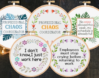 Set Bundle of 5 five funny office cross stitch patterns Coworker Manager Teacher Secretary Assistant Snarky -Instant Zipp file Download