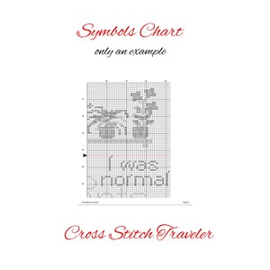 May include: A cross-stitch pattern chart with the text "I was normal" in a grid. The chart includes a floral design and the words "Symbols Chart" and "Cross Stitch Traveler". The text is in red and the chart is in black and white.