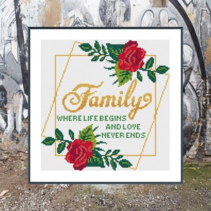 Family Quote cross stitch pattern Where life begins and love never ends- roses flower border frame #131# - instant pdf download
