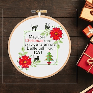 Funny Cat Christmas Cross Stitch Pattern: Snarky Floral Design (PDF Download)