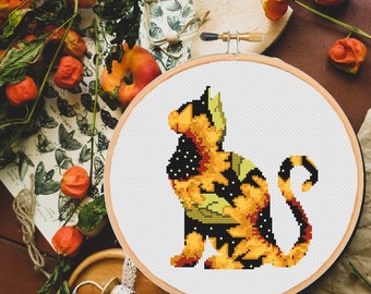 Cat Cross Stitch Patterns Animal Silhouette Flower Modern Sunflower Floral xstitch, Embroidery -instant pdf download