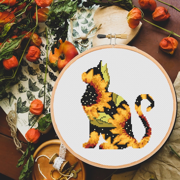 Cat Cross Stitch Patterns Animal Silhouette Flower Modern Sunflower Floral xstitch, Embroidery -instant pdf download