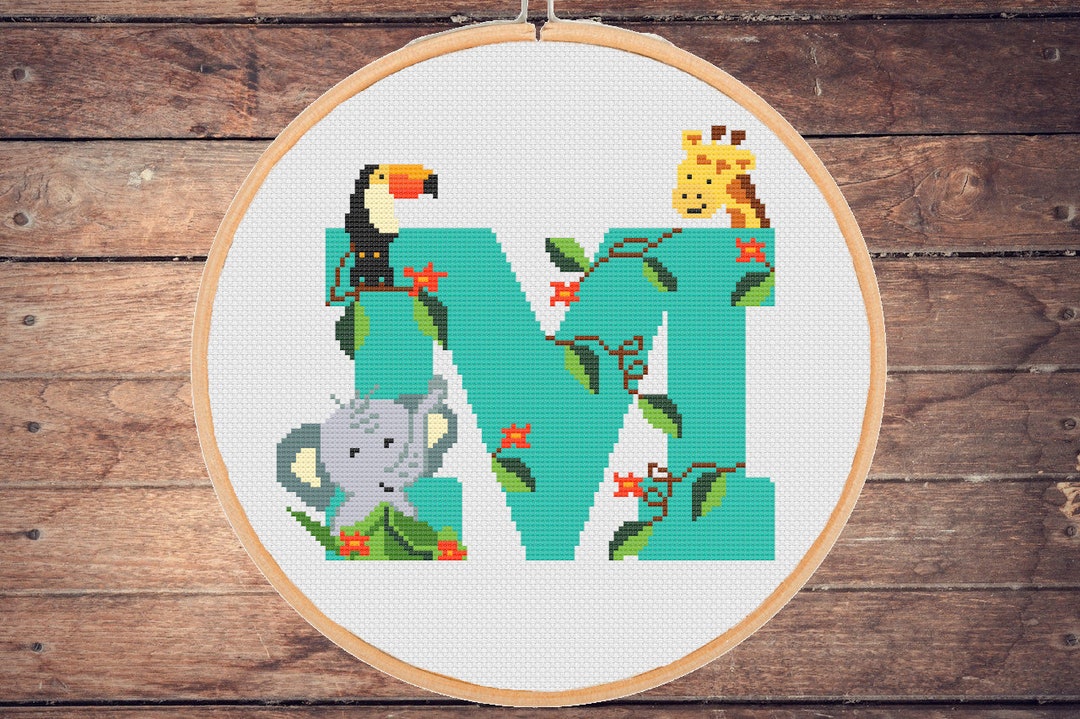 Monogram Letter M Cross Stitch Pattern Personalize Name ,elephant